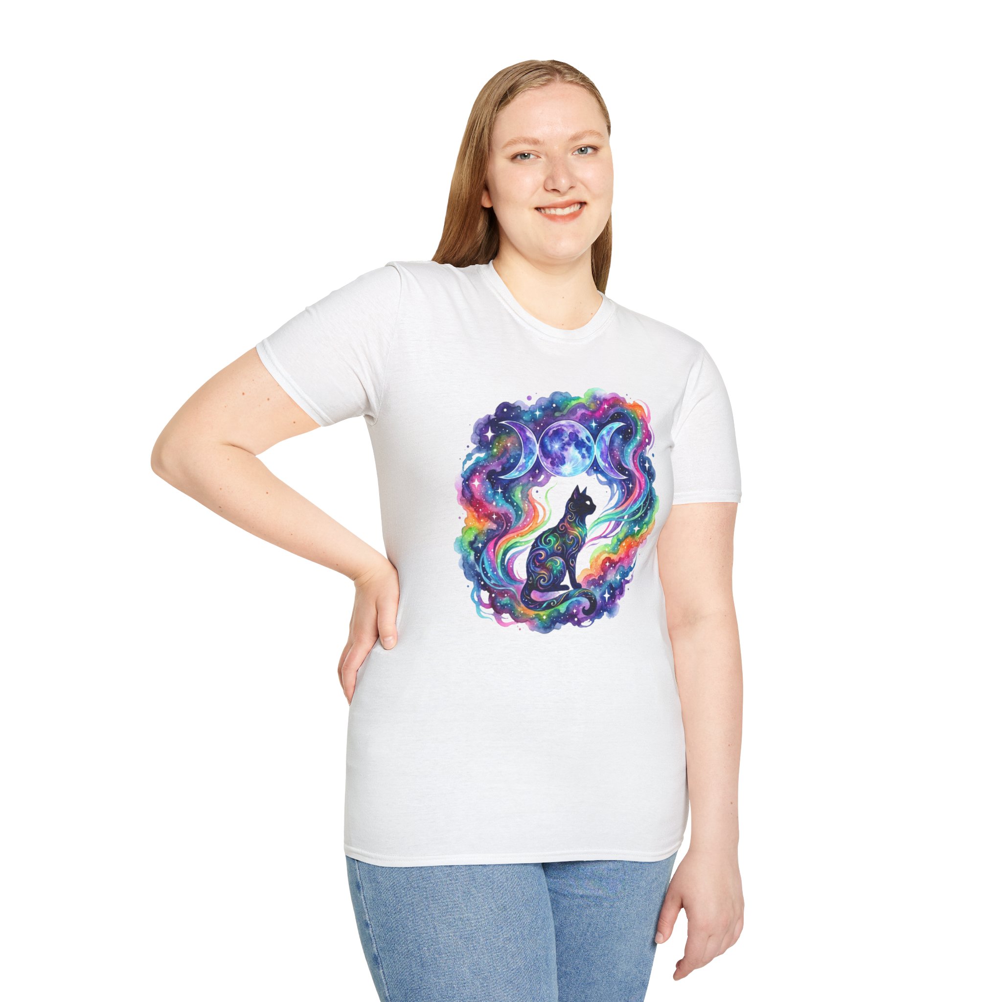 Triple Moon Cosmic Rainbow Black Cat T-Shirt - Image 5