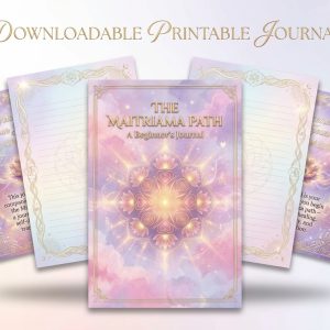 The Maitriama Path beginner's guided journal digital download showing beautiful pink and purple watercolor cover with golden lotus mandala, multiple interior pages with decorative borders, and 'Downloadable Printable Journal' text overlay