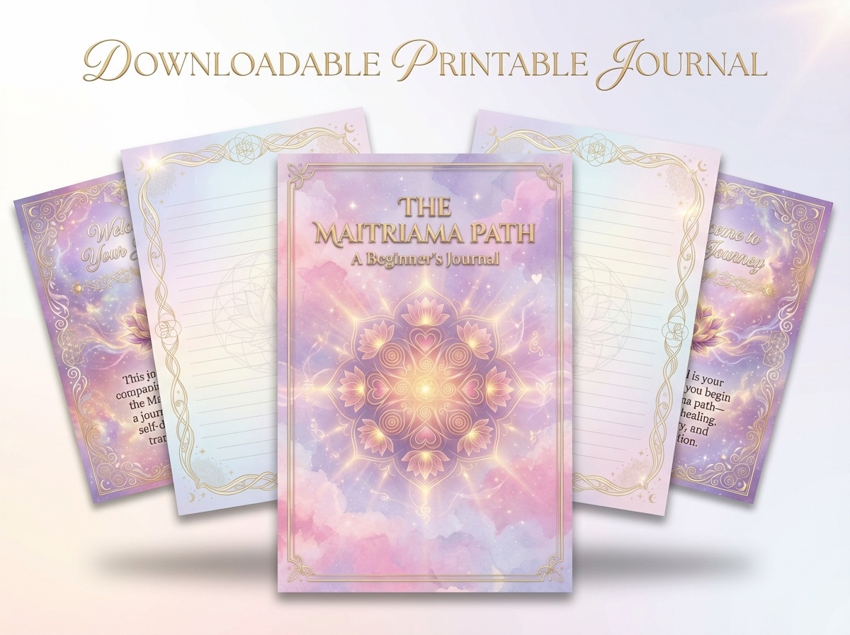 The Maitriama Path beginner's guided journal digital download showing beautiful pink and purple watercolor cover with golden lotus mandala, multiple interior pages with decorative borders, and 'Downloadable Printable Journal' text overlay