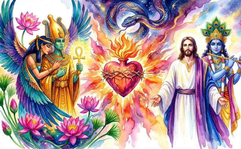 Vibrant watercolor painting showing Isis and Osiris with golden ankh, Jesus and Krishna united by a blazing sacred heart, with cosmic serpent Rahu-Ketu forming infinity symbol above, representing universal spiritual teachings of unconditional love"