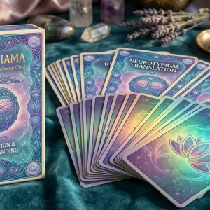 MAITRIAMA Neurodivergent Intimacy Deck card game with mystical purple and teal gradient design, displayed with crystals